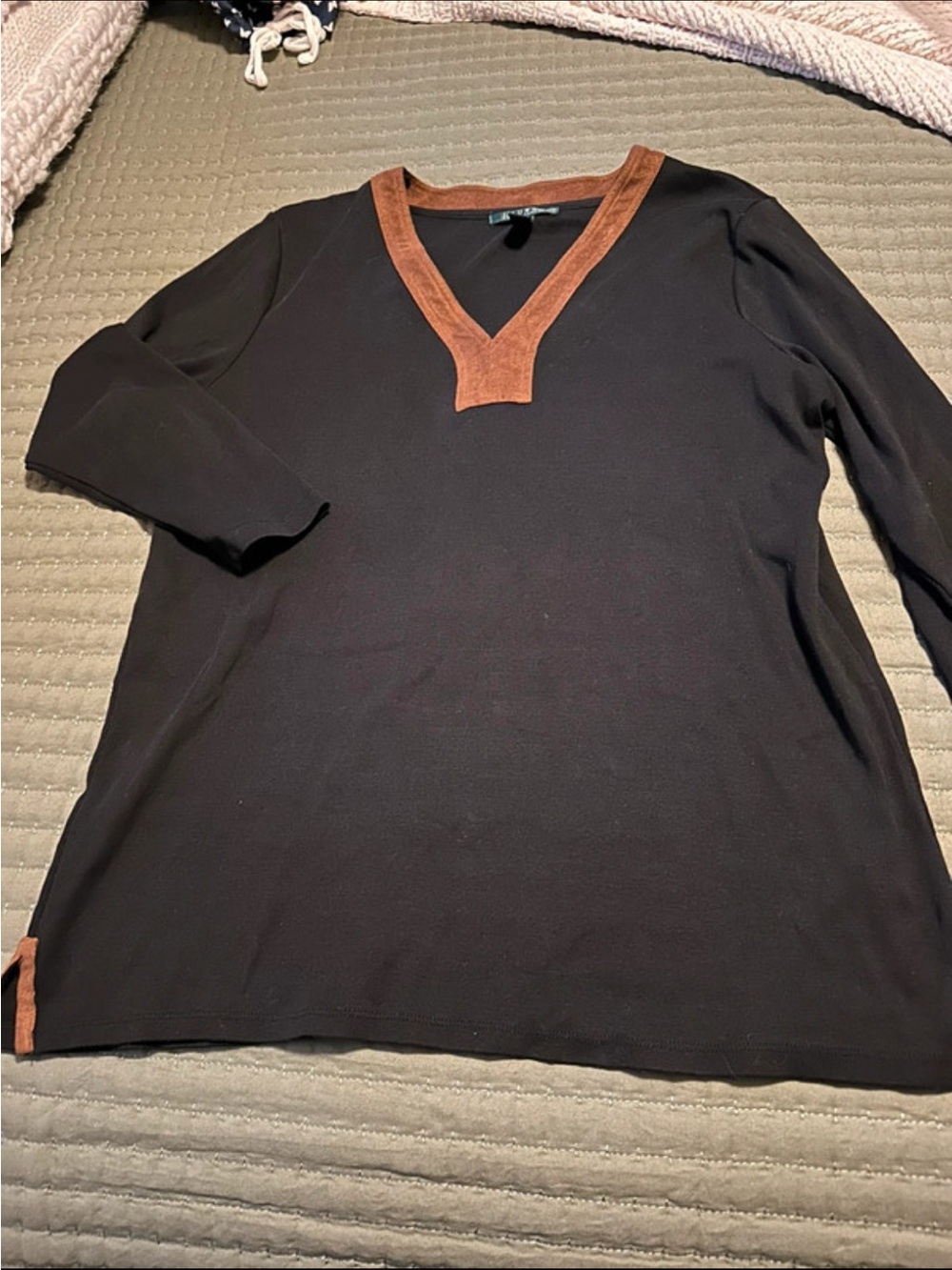 Ralph Lauren Black V-Neck Sweater with Brown Trim